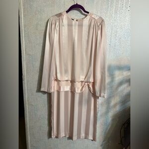 Alexis Elegant Satin-Striped Midi Drop Waist With Key Hole Button Dress in Blush